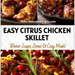 Close-up of juicy Chicken Cranberry skillet with orange zest and glossy cranberry glaze.